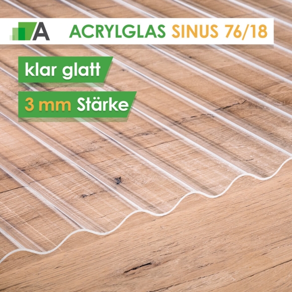 Acrylglas Wellplatten Sinus 76/18 - klar glatt - 3 mm stark - 1045 mm Breit