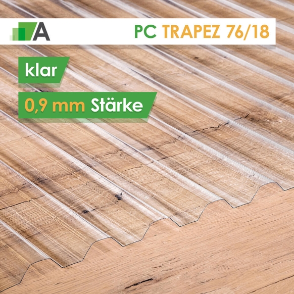 Polycarbonat Wellplatten Trapez 76/18 - klar - 0,9 mm stark - 1116 mm Breit